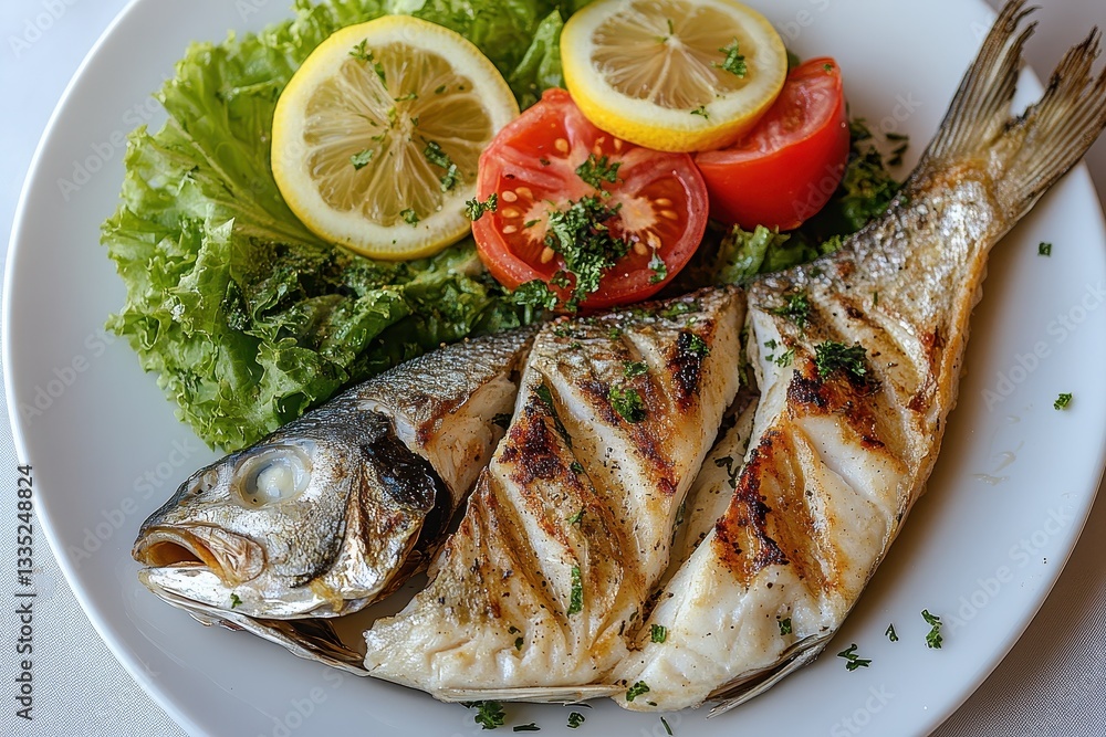 Grilled swordfish with a fresh vegetable salad of tomato lettuce and lemon on a white plate Nutritious meal Viewed from above Grilled swordfish with a fresh vegetable salad of tomato lettuce and lemon on a white plate Nutritious meal Viewed from above