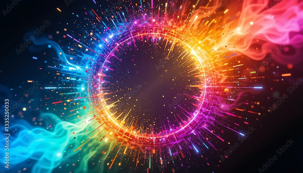 Abstract Colorful Neon Light Circle with Glowing Particles and Energy Burst Abstract Colorful Neon Light Circle with Glowing Particles and Energy Burst