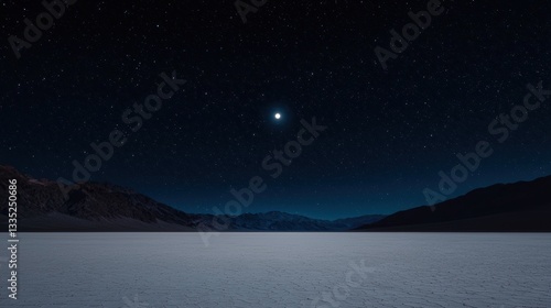 A starry night sky with a bright moon and a desert landscape in the foreground.