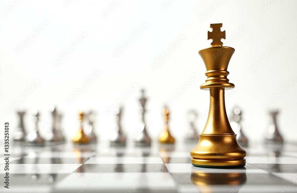 Golden king chess piece stands on chessboard facing silver pieces, with copy space. Leadership, business strategy, competition. Success, victory, management concept. Elegant design for challenge Golden king chess piece stands on chessboard facing silver pieces, with copy space. Leadership, business strategy, competition. Success, victory, management concept. Elegant design for challenge