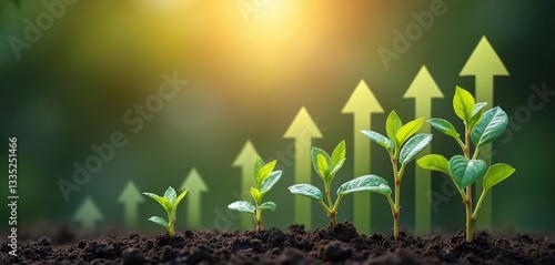 Young plants grow on sunny background. Business growth concept finance, investment. Development stages with green arrows show profit increase, successful future, startup, opportunity. Soil dirt
