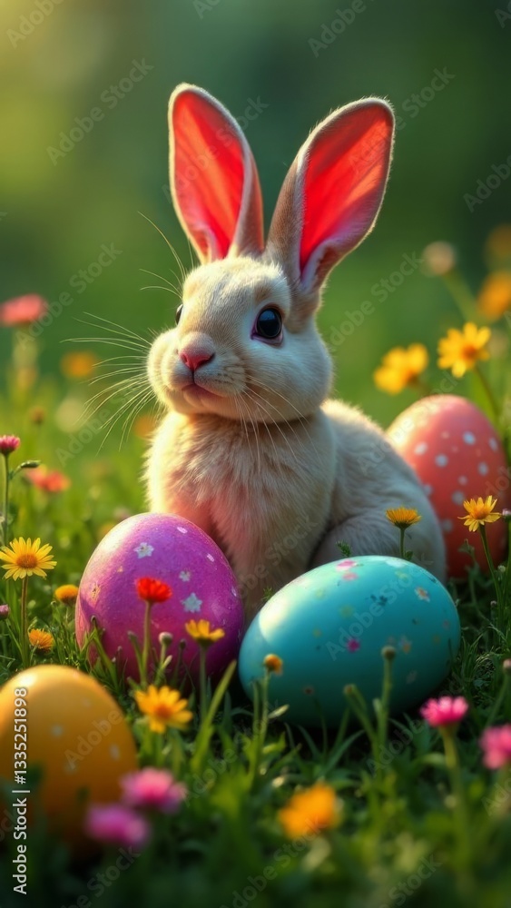 Fototapeta premium Adorable bunny sitting on vibrant grass surrounded by colorful Easter eggs and blooming flowers, creating joyful atmosphere filled with springtime cheer and love. Perfect for festive greetings.