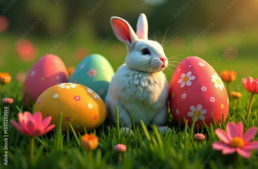 Fototapeta premium Adorable bunny sitting on vibrant grass surrounded by colorful Easter eggs and blooming flowers, creating joyful atmosphere filled with springtime cheer and love. Perfect for festive greetings.