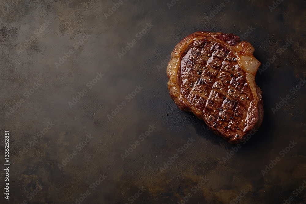 A perfectly seared steak rests on a dark brown textured surface. The rich brown and slightly charred edges of the steak contrast beautifully against the dark background, A perfectly seared steak rests on a dark brown textured surface. The rich brown and slightly charred edges of the steak contrast beautifully against the dark background,