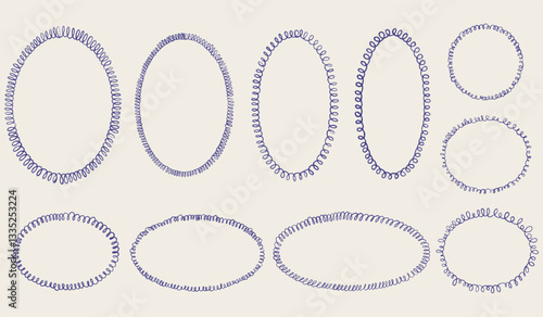 Hand drawn scalloped frame set. Chalk scribble wavy pencil texture doodle curly borders collection. Different sizes: wedding invitation, greeting card, postcard design. Vintage vector illustration