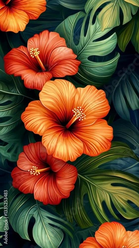 Wallpaper Mural Bright hibiscus flowers with lush green leaves in a tropical setting create a vibrant and exotic atmosphere Torontodigital.ca