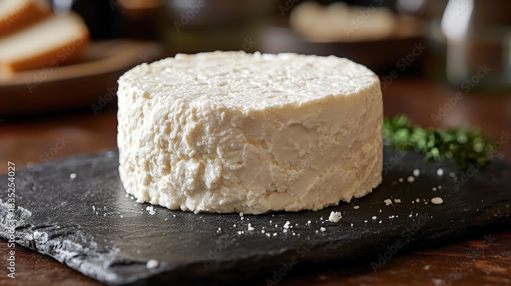 Ricotta salata cheese block on dark slate dish with a rustic background setting Ricotta salata cheese block on dark slate dish with a rustic background setting