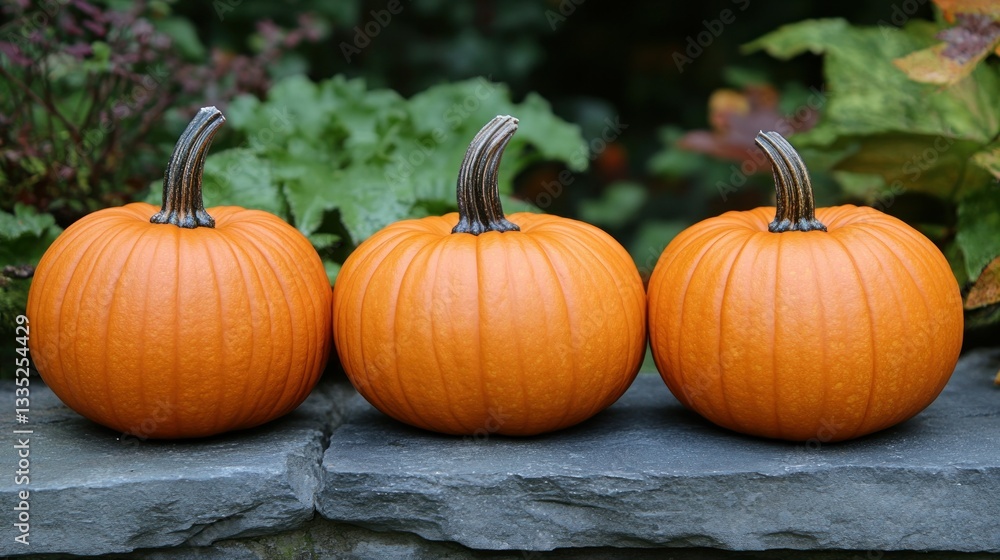 Three small pumpkins on a stone wall Three small pumpkins on a stone wall