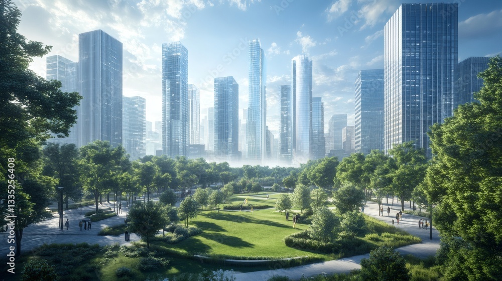 Obraz premium A modern city skyline is seen from a verdant parkland