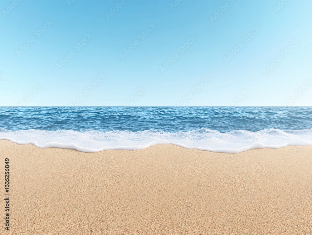 Serene beach scene with gentle waves lapping at golden sand under a clear sky Serene beach scene with gentle waves lapping at golden sand under a clear sky