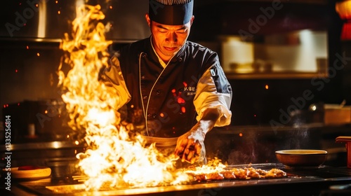Hibachi chef crafting culinary magic with flames in a restaurant setting