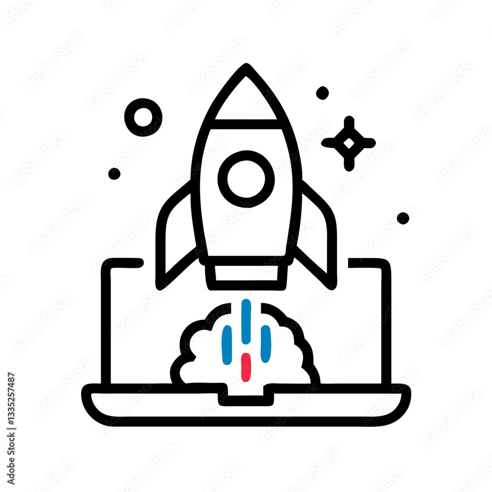 Rocket Launch from Laptop Vector – Flat Line Style Startup Icon with Cloud Boost for Business Innovation, Digital Growth, and Technology Development Concepts
Rocket Launch from Laptop Vector – Flat Line Style Startup Icon with Cloud Boost for Business Innovation, Digital Growth, and Technology Development Concepts