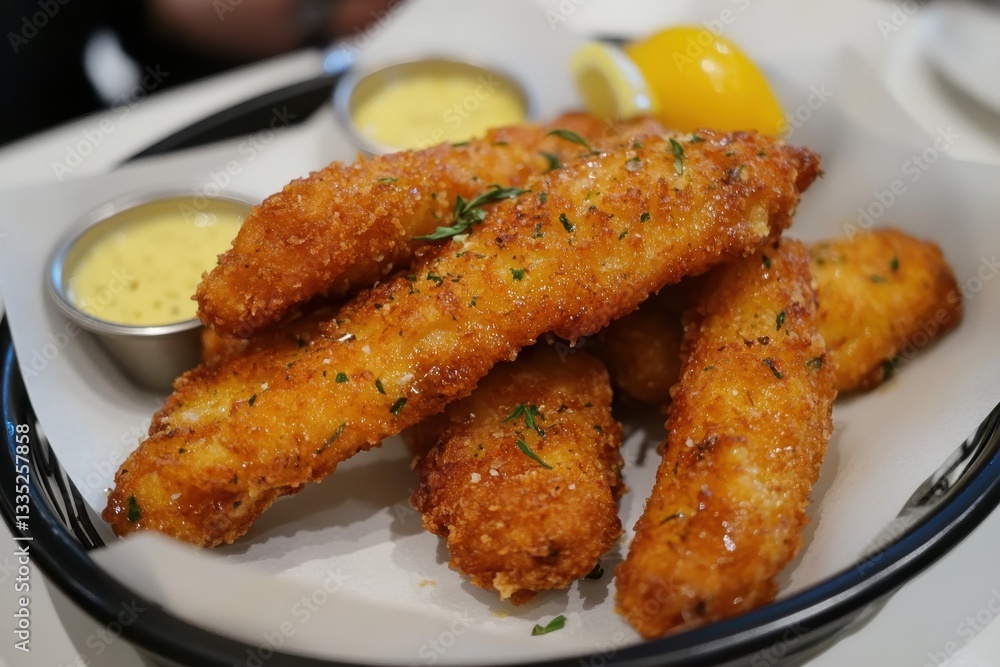 Herb and lemon coated fried chicken strips appetizer Herb and lemon coated fried chicken strips appetizer