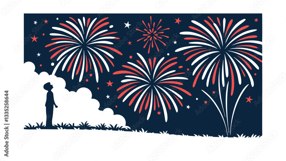 Fototapeta premium Night Sky Fireworks Display Boy Watching Celebration Summer