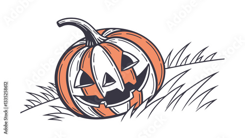 Halloween Jackolantern Pumpkin in Grass, Autumn Harvest Decor