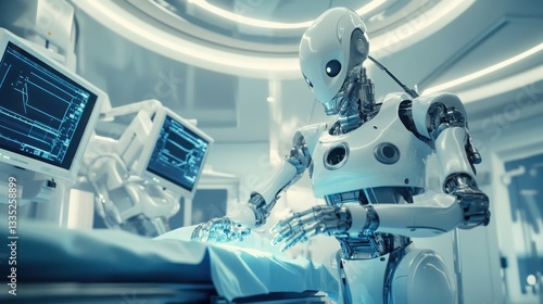 Cutting-edge surgical robotics in a gleaming, futuristic medical facility setting