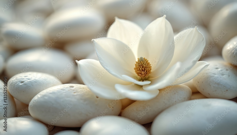 Fototapeta premium Elegant white magnolia blossom lies among smooth white stones. Flower petals surround central arrangement on minimalist clean background. Subtle light enhances zen mood. Serenity, calm, balance,