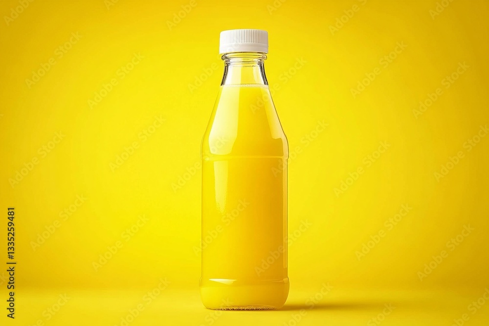 Bright yellow beverage bottle against a vibrant yellow background, showcasing freshness Bright yellow beverage bottle against a vibrant yellow background, showcasing freshness