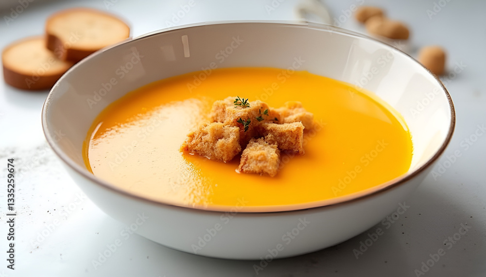 Delicious orange soup with croutons and thyme on a bright background for food photography Delicious orange soup with croutons and thyme on a bright background for food photography