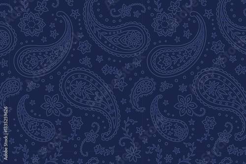 Seamless Paisley Print Line Art Vector Pattern in Navy and Blue Combo