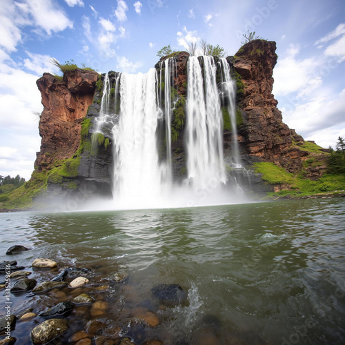 A Serene Oasis Amidst Majestic Rocky Outcroppings and Flowing Waters