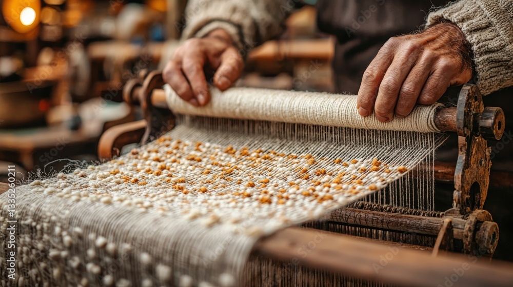 Masterful hands create intricate cotton textiles on a traditional loom workshop Masterful hands create intricate cotton textiles on a traditional loom workshop