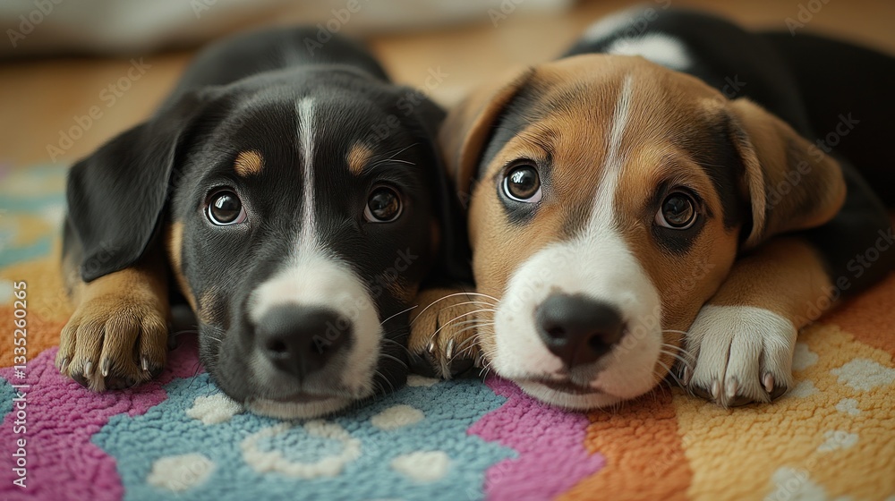 Obraz premium Two adorable puppies lying together on a colorful rug