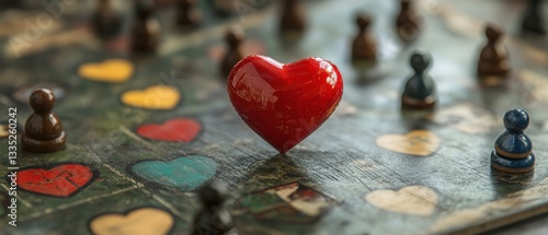 A red heart sits on a game board surrounded by game pieces.  A symbolic image of love and games.