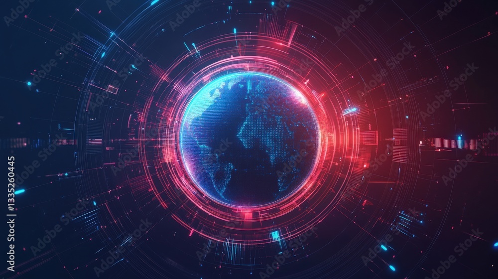 A digital globe encased in a vibrant network of red and blue lines. The image depicts global connectivity and digital technology. A digital globe encased in a vibrant network of red and blue lines. The image depicts global connectivity and digital technology.