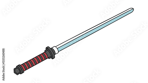 Katana Sword Illustration Sharp Blade, Red Grip, Isometric View