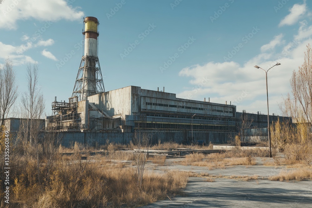 Obraz premium Abandoned Industrial Complex Overgrown Landscape PostApocalyptic Scene Derelict Factory De