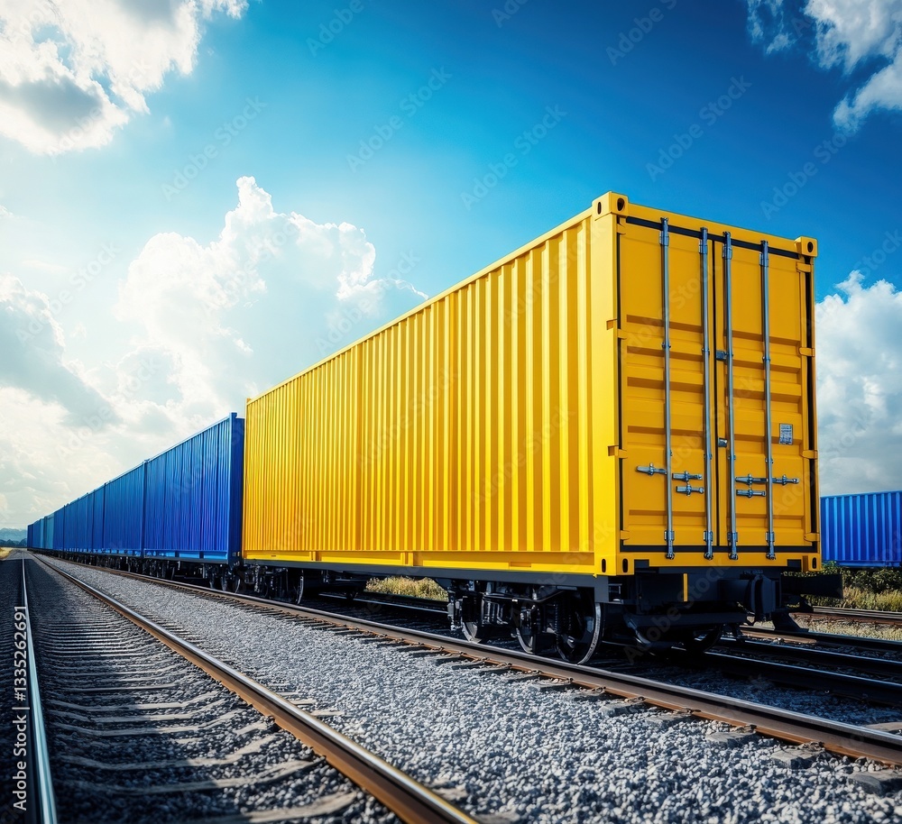 Obraz premium A vibrant yellow cargo container leads a train of blue and yellow containers on a railway track under a bright sunny sky. The scene depicts the efficiency of freight transportation.