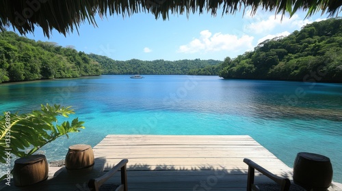 Serene Lagoon View from a Tropical Thatched Hut