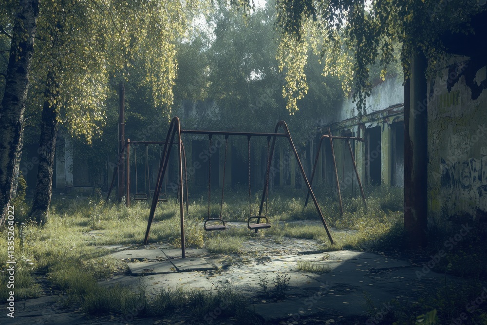 Fototapeta premium Abandoned Playground with Rusty Swings in Overgrown Nature