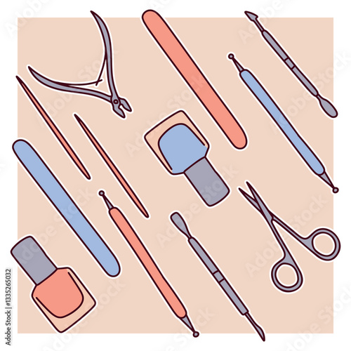 Set of professional manicure tools for nail care and beauty procedures. Various nail grooming accessories for perfect nails.