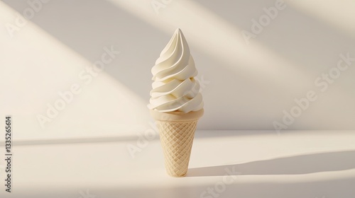 A decadent swirl of soft-serve vanilla ice cream in a plain white cone