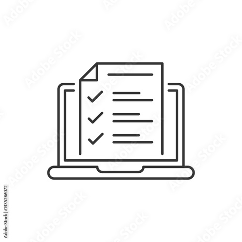 Online Exam, taking Test, Questionnaire or Checklist on Device Screen. Laptop with Online Form Survey Line Icon. Online Education and Elearning concept. Editable stroke. Vector illustration.