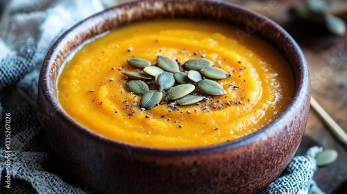 Delightful creamy butternut squash soup adorned with crunchy seeds and rustic backdrop
