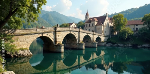 Ancient stone bridge spanning serene water, reflecting historical architecture, structure, travel