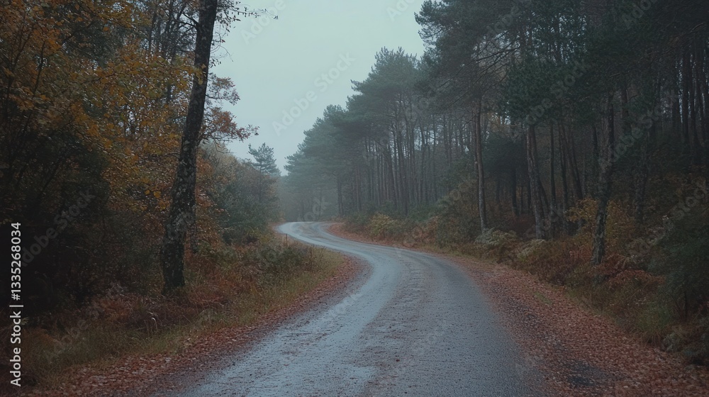 Fototapeta premium Misty Autumn Road Winding Through a Serene Forest
