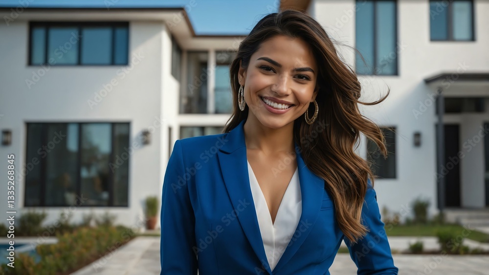 Good-looking hispanic gal front of blue themed elegant house on a business attire smiling Good-looking hispanic gal front of blue themed elegant house on a business attire smiling