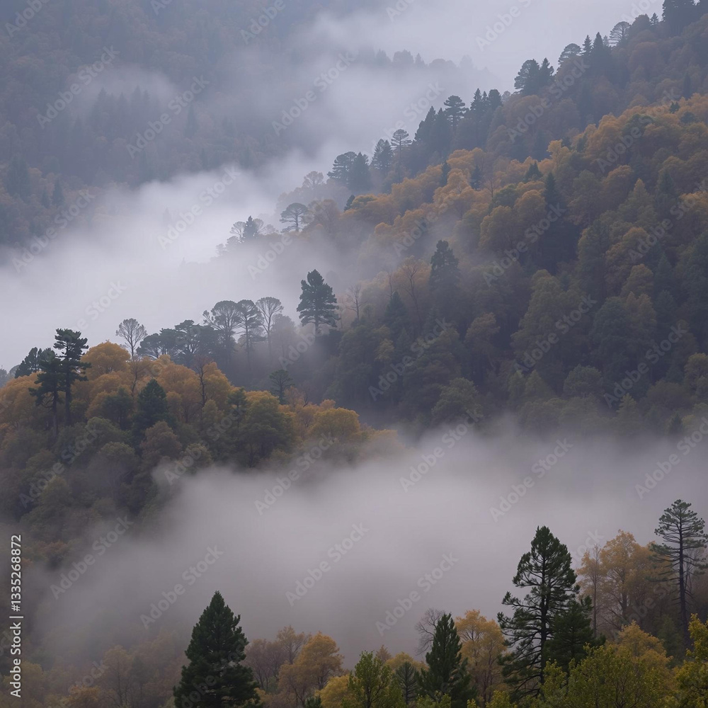 Fototapeta premium Misty Dawn in the Majestic Mountains of Fall Bliss