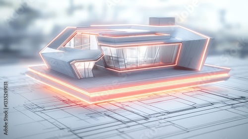 A sophisticated 3D model of a futuristic home on top of blueprints, with a glowing neon outline