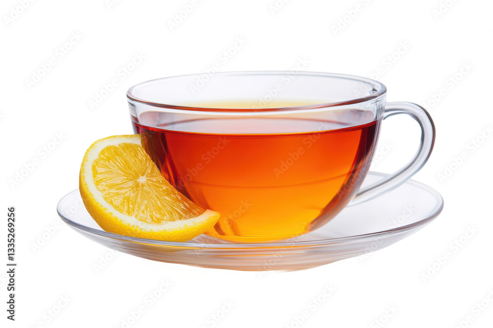 A clear cup of tea with a lemon wedge on a saucer against a black and white background image A clear cup of tea with a lemon wedge on a saucer against a black and white background image