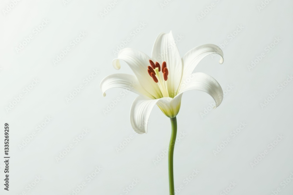 Obraz premium Single white lily blossom, vibrant petals against pure white backdrop, studio shot, wedding