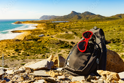 Obraz na płótnie Coast landscape with summer walk equipment, Spain. w salonie