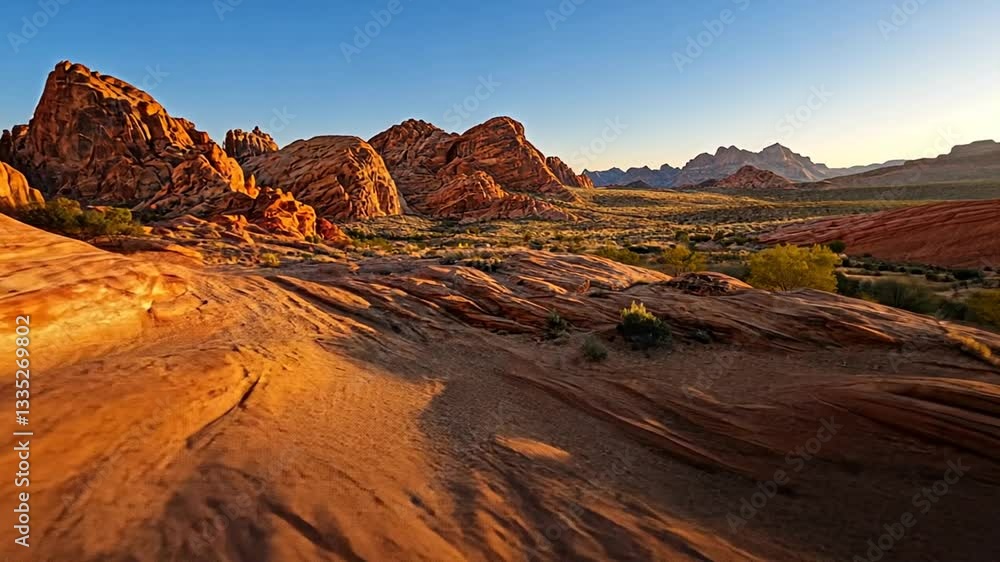 Golden Sunlight Illuminates the Red Rock Formations of a Desert Landscape at Sunset Golden Sunlight Illuminates the Red Rock Formations of a Desert Landscape at Sunset