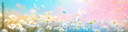 Light pastel Holi colors floating gently over a field of white daisies