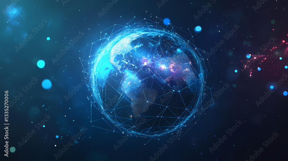 Obraz premium Abstract polygonal planet earth with hologram on dark blue background. Natures Internet. Illustration