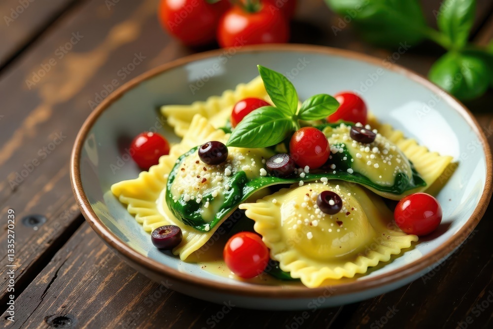Spinach ravioli with cherry tomatoes and olives on wood Rustic Italian food , shadow, spinach Spinach ravioli with cherry tomatoes and olives on wood Rustic Italian food , shadow, spinach